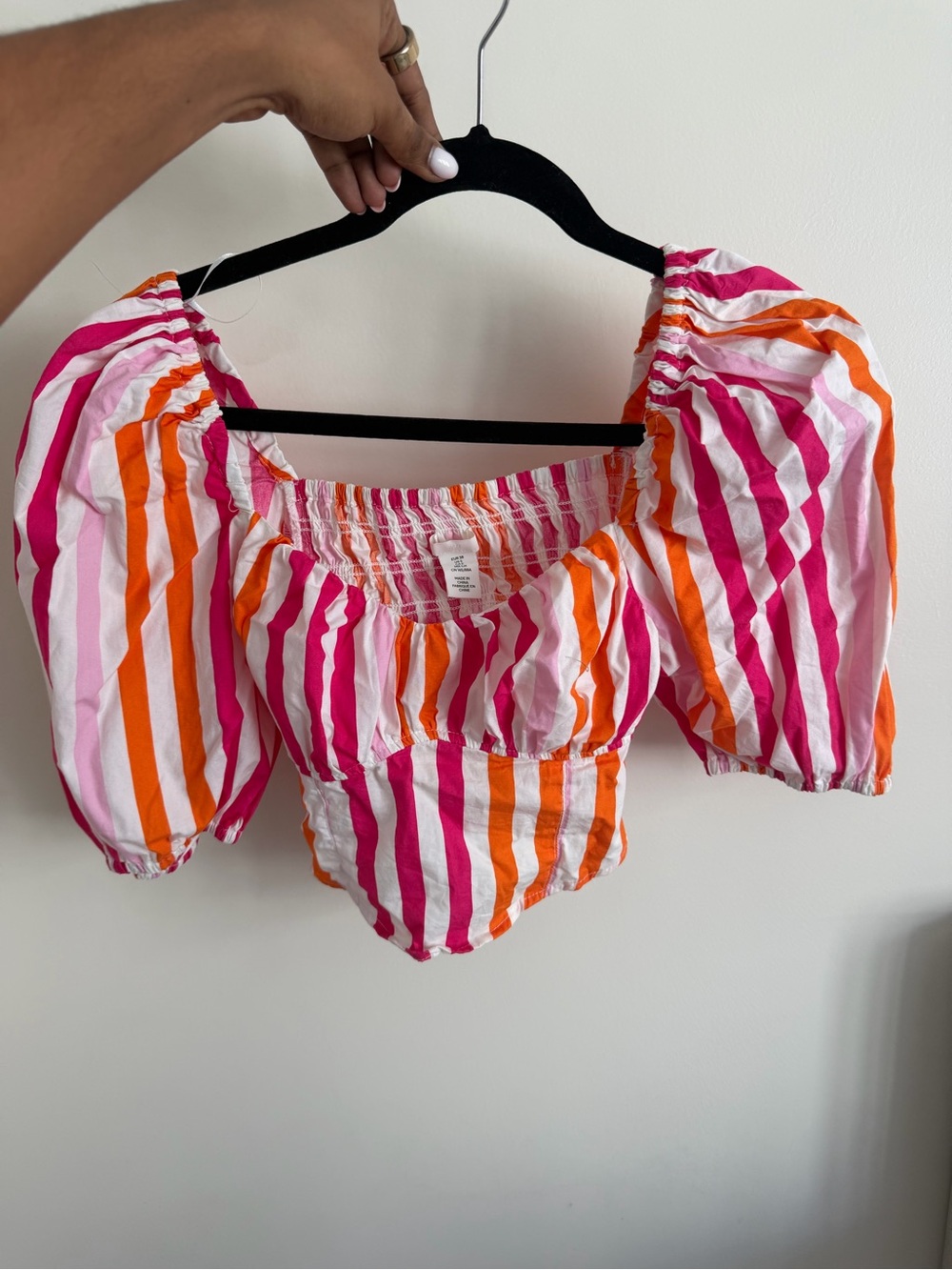 H&M Pink & Orange Striped Puff-Sleeve Crop Top